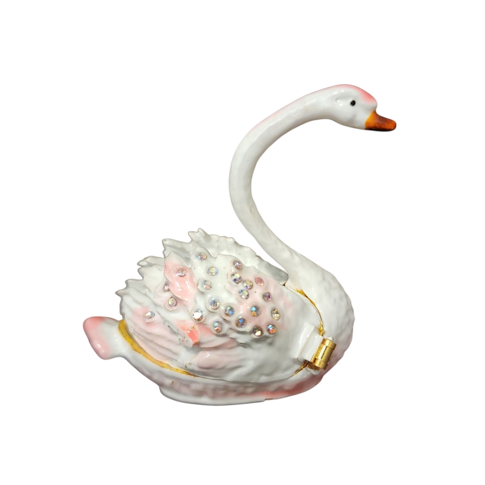 Swan Bird Trinket Jewelry Proposal Ring Box Rhinestone Enamel